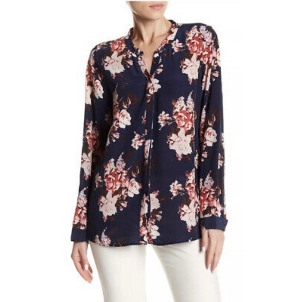 Joie Devitri Navy Blue Pink Floral Print Silk Button Down Blouse Size XS